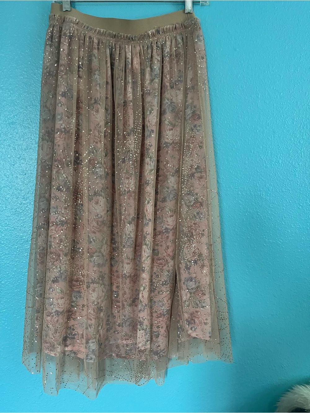 Blue B size Large sheer w/ lining Sparkle Floral Tulle Midi Skirt - Blush Pink